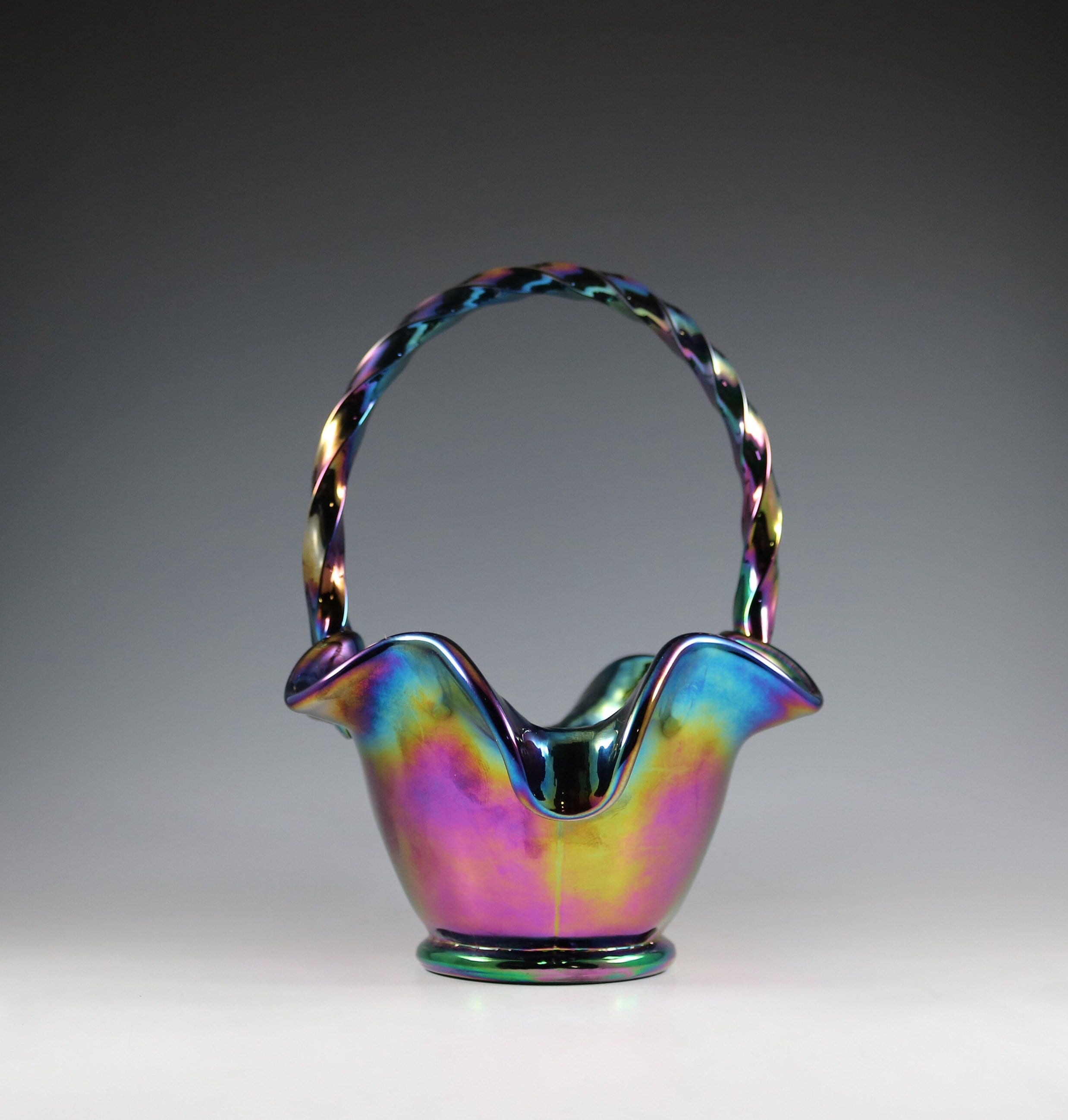 Vintage Fenton Handmade Amethyst Carnival Peacock Glass Basket