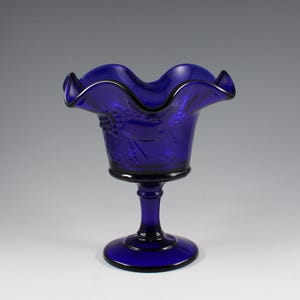 Vintage L.G. Wright/Fenton Handmade Cobalt Blue Glass Grapes & Berries Compote 1980s