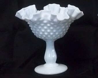 Vintage Fenton Milk glass Hobnail Crimped Edge Compote/Candy Dish