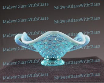 Gorgeous Vintage Fenton Handmade Blue Opalescent Hobnail Bon Bon #3935-BO