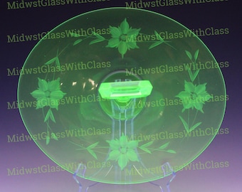 Vintage Cambridge, US Glass Handmade Green Depression Uranium Glass Floral Wheel Cutting Handled Sandwich Tray "GLOWS"