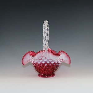 Vintgage Fenton Handmade Medium Cranberry Opalescent Hobnail Basket With Applied White Spiral Optic Handle