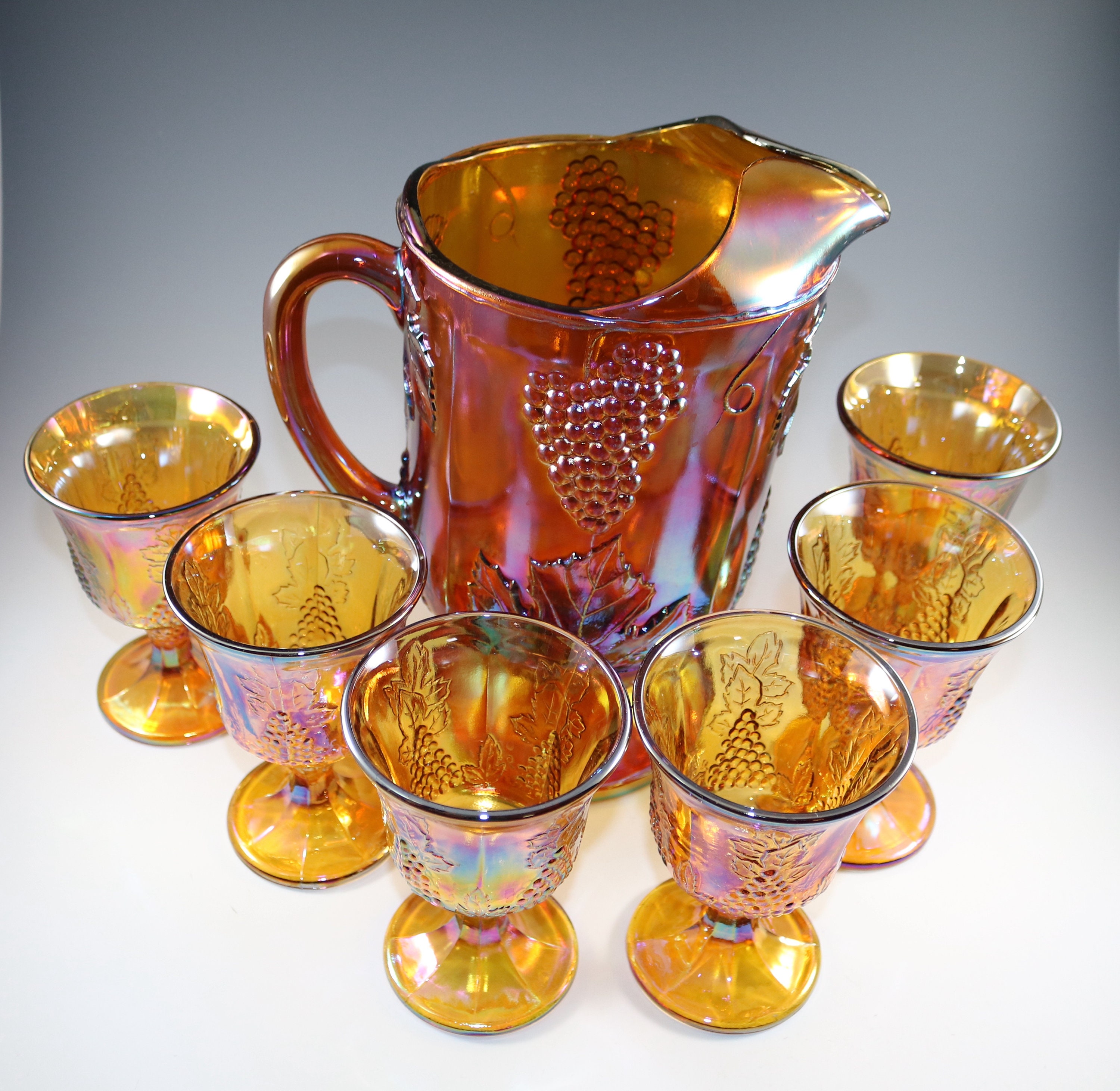 Pitcher & Glasses, Indiana Glass, Harvest Carnival Amber, Set of 9, Vi –  Antigo Trunk