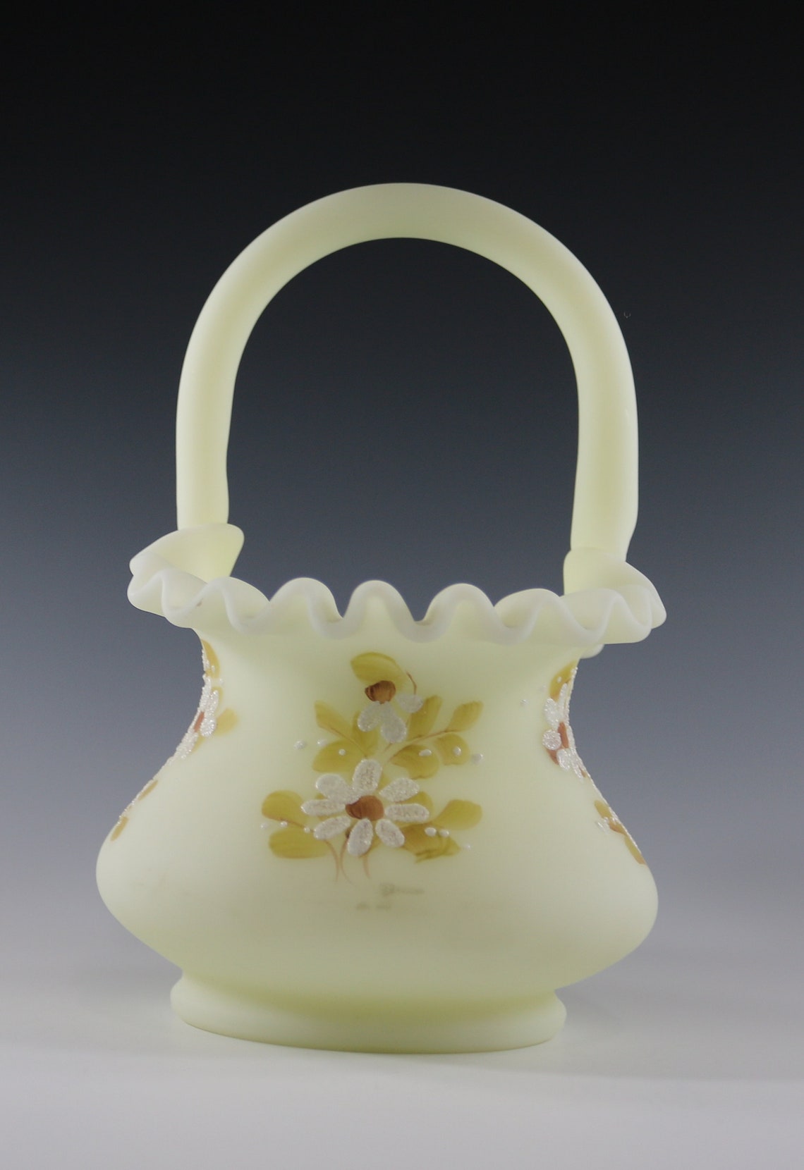 Vintage Fenton Handmade Custard Handpainted Glass Basket With Etsy