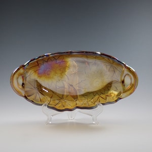 Vintage Golden Rainbow Indiana Marigold Carnival Glass Oval Relish Dish Sunflower Pattern