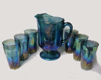 Indiana Harvest Grape Blue Carnival Water Set - "Pitcher and 6 Tumblers"