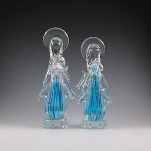 Two For One Price - Vintage Art Glass Handcrafted Stylized Blue & Crystal Slag Glass Angel Pair