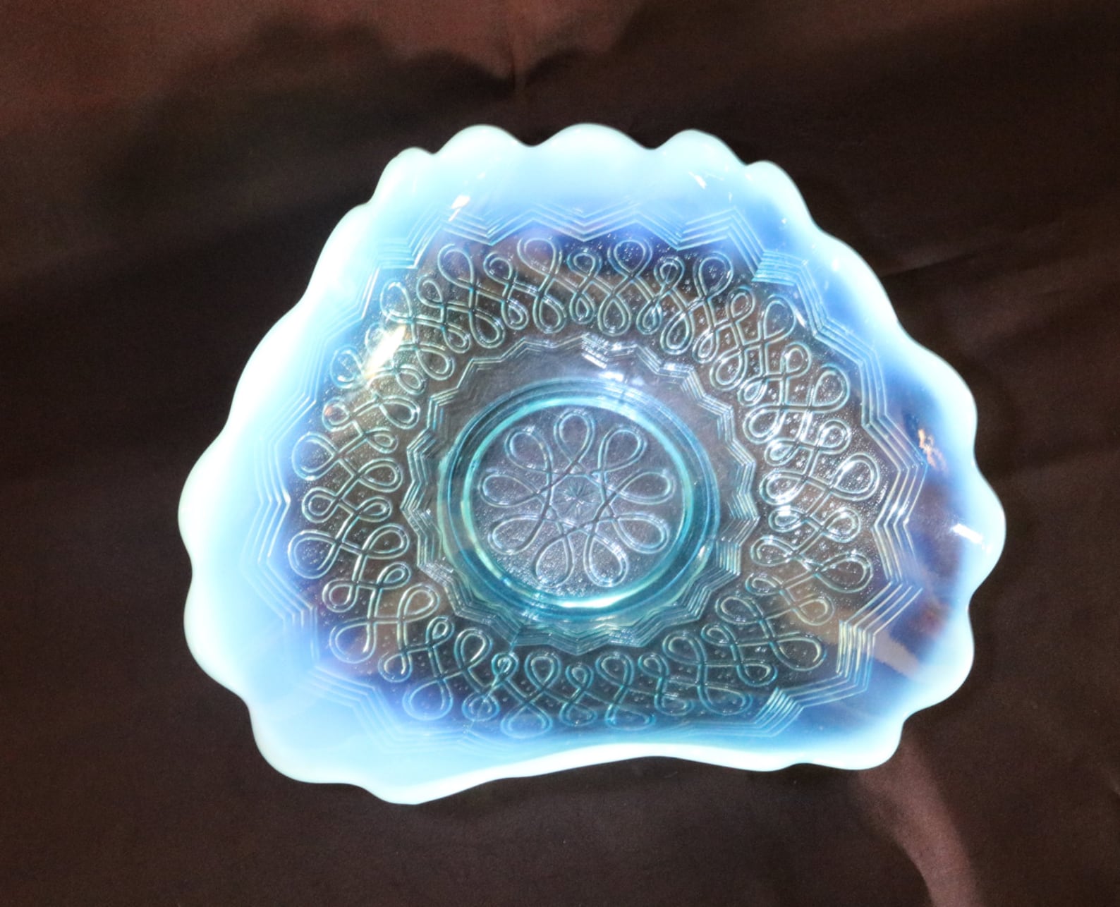Antique Handmade Jefferson Glass Blue Opalescent Many Loops Pattern