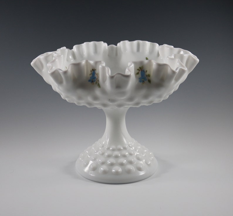 Vintage Fenton Handmade Milk Glass Hobnail Compote With Blue Etsy UK