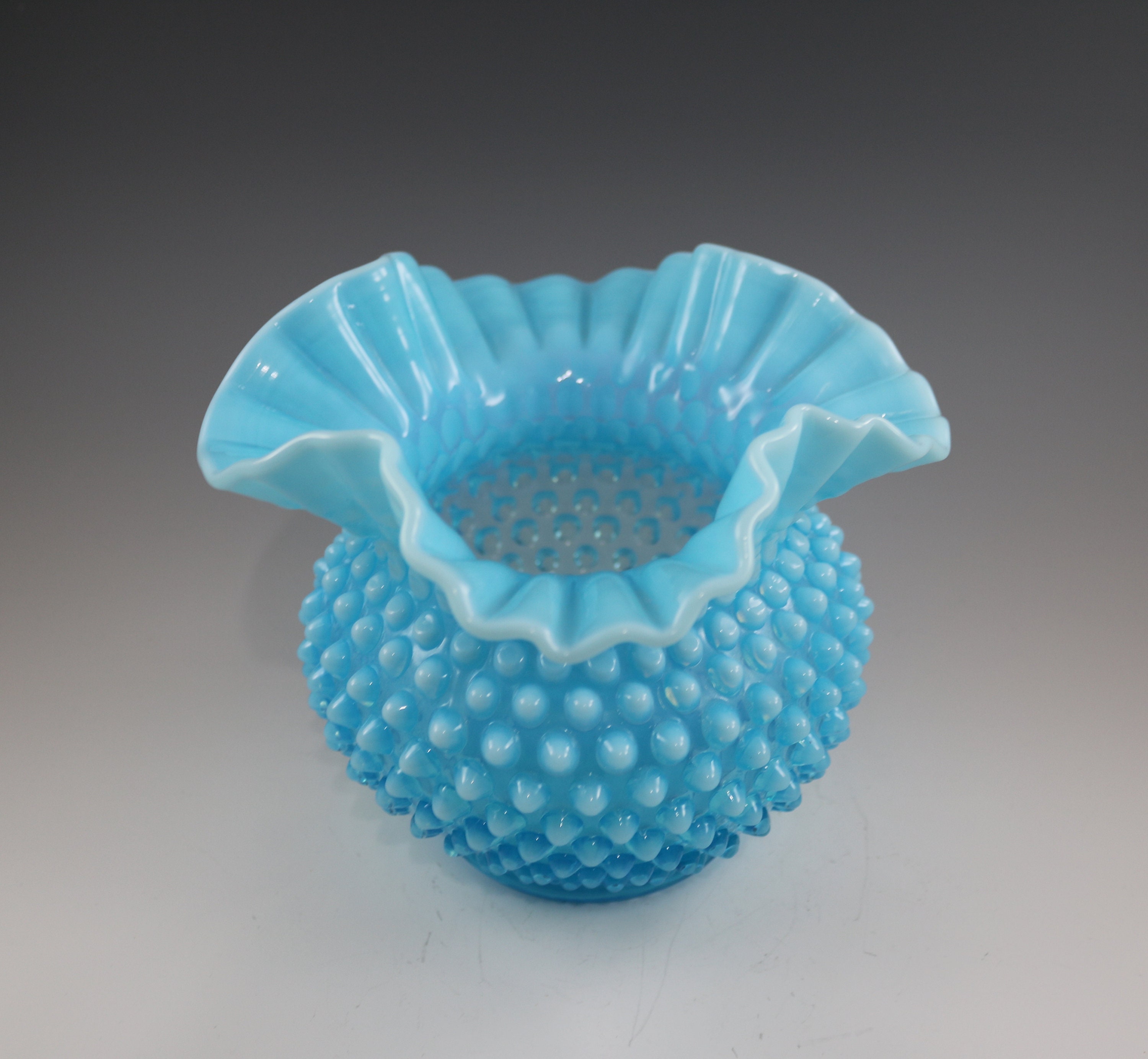 Gorgeous Vintage Fenton Handmade Blue Opalescent Hobnail Vase