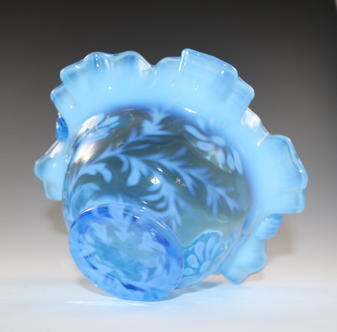 Vintage Fenton Handmade Blue Opalescent Fern And Daisy Glass Etsy