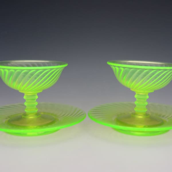 GLOWING Vintage RARE Handmade Imperial Glass Canary Vaseline Glass Twisted Optic Sherbet And Plate