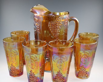 Vintage Indiana Harvest Grape Marigold Carnival Glass Pitcher And 6 Tall Tumblers