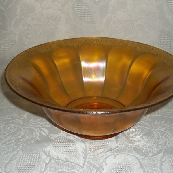 Lancaster Glass Made Bright Amber Stretch Glass 9" Flared Bowl With Optic Panels "Rarer"