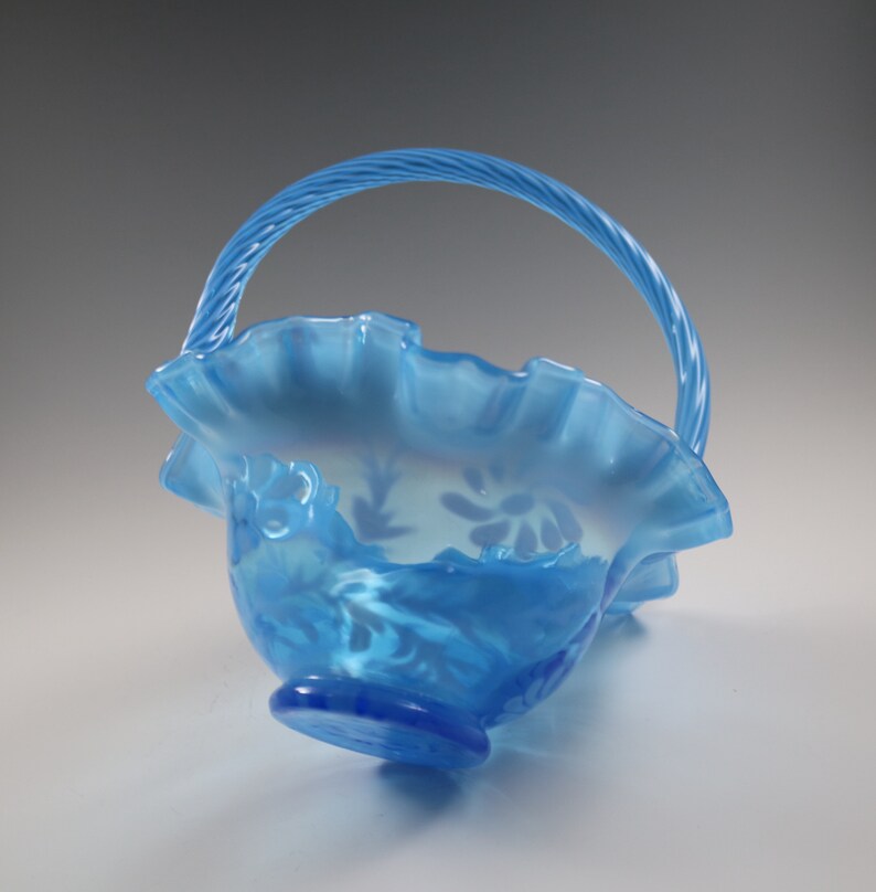 Vintage Fenton Handmade Blue Opalescent Fern and Daisy Glass Etsy