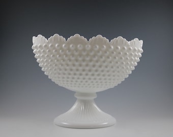 Vintage Fenton Tall Milk Glass Hobnail Footed 9" Oval Bowl