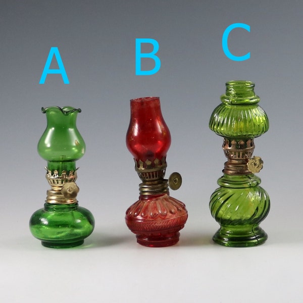 Vintage Small Green Or Ruby Glass Mini Oil Lamp Hurricane Shade