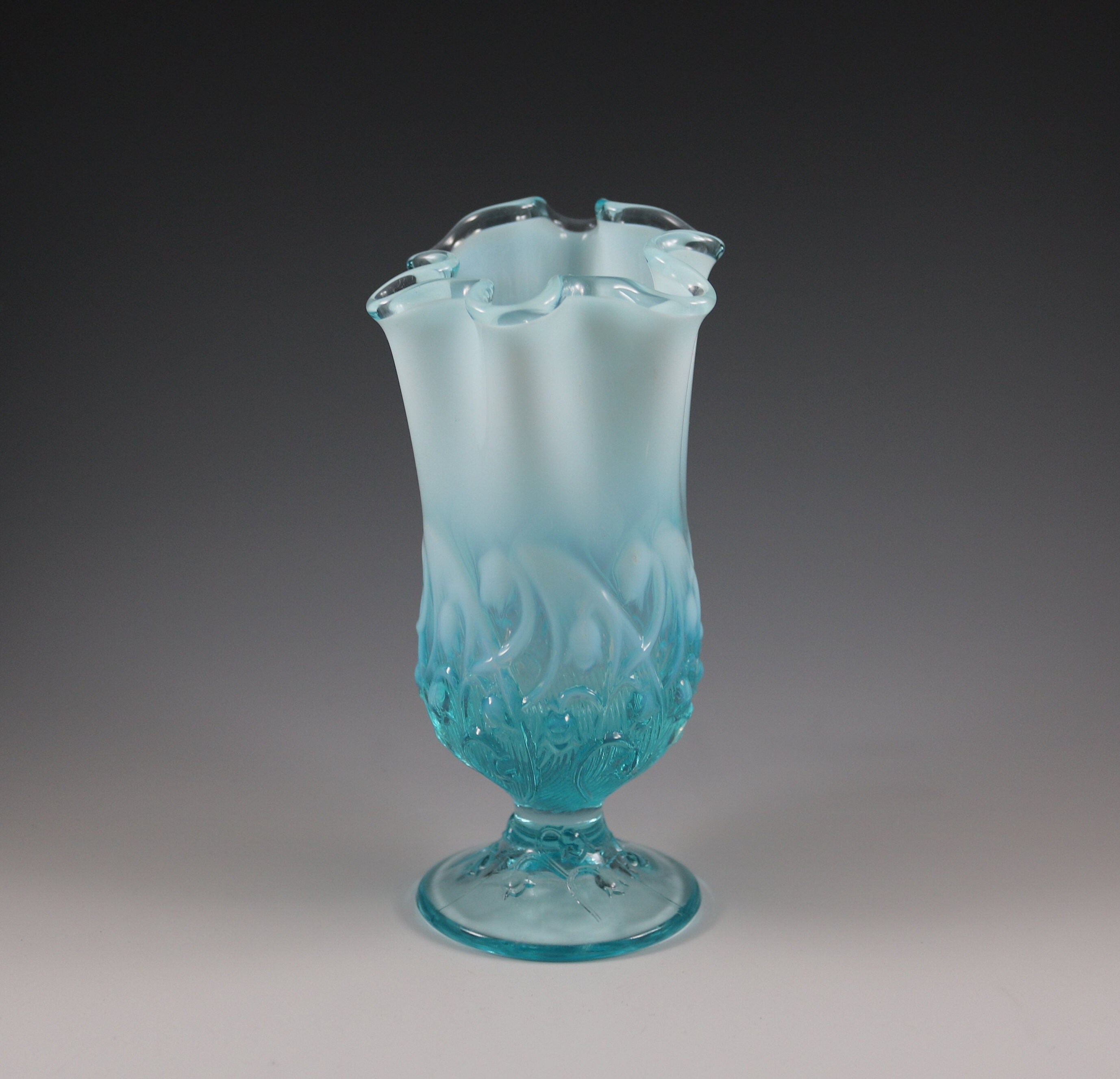 <HKさま専用＞フェントン ブルーイリデセントグラス・プラムクレスト コンポート Vintage Fenton Handmade Blue Opalescent Glass Lily of the
