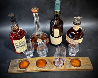 Whiskey Tasting flight , one of kind genuine Oak Barrel tasting tray, Personalizable and customized barrel stave. Glencarin tasting glasses