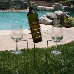 Outdoor Wine drink holder, Wine bottle and glass holder, 3 pc set, for beach, park get together, Valentines Day Gift, yard drink holder image 3