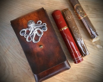 Silver Octopus Cigar Case, Robusto Steampunk Case,  Travel humidor, Gift for dad or groomsmen, Personalized leather cigar case, Cthulhu Case