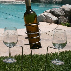 Outdoor Wine drink holder, Wine bottle and glass holder, 3 pc set, for beach, park get together, Valentines Day Gift, yard drink holder image 1