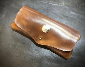 Handmade Leather Sunglasses Case: Buffalo Nickel Eyeglass Pouch
