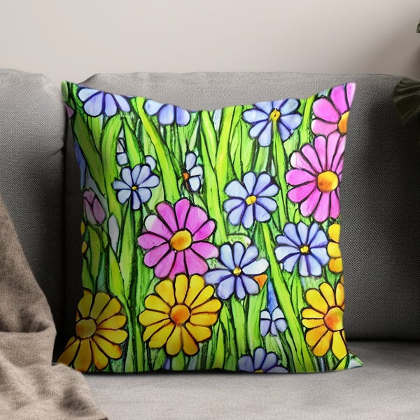 Colorful Floral Pillow, Stained Glass Style Cushion, Decorative Throw Pillow, Artistic Flower Design, Bright Home Accent