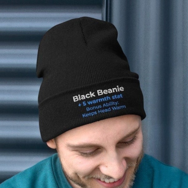 Funny Gift for Gamers Black Beanie, Hat, Gamer Accessory + 10 warmth stat