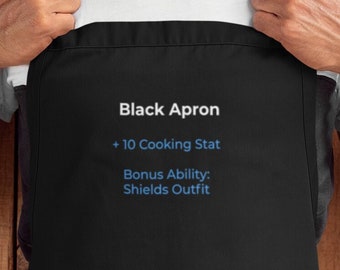 Gift for Dad, Gift for Boyfriend, Gamer Accessory + 10 cooking stat Funny Gift for Gamers Blue Text Black Embroidered Apron