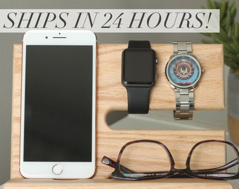 Nightstand Valet iPhone Dock 24 Hour Ship Valet Ready to Ship Oak Wood Stained Solid Wood Dock Phone Charging Stand Tech Gift Men Valentine