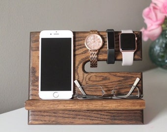 SHIPS SAME DAY Kona Stain Docking Station | Tech Goft Men | Night Stand Oak Wood Valet | iPhone Galaxy Tech Gift Stand