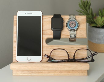 Premium Wood Phone Stand & Dock – Desk Nightstand Organizer Charger | Ideal Gift for Men Dad