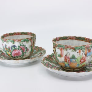 Hand Painted Eggshell Porcelain Teacups and Saucers w Geisha Scene