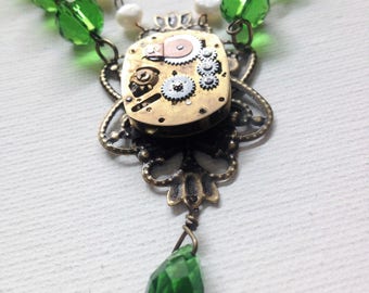 Green crystal steampunk necklace