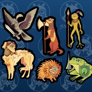 May include: A collection of whimsical stickers featuring animals dressed as knights. Includes a bird with a sword, a weasel with an axe, a frog with a spear, a dog, a hedgehog, and a frog with a sword and shield. The stickers have a dark blue background.