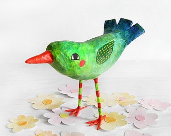 Paper Mache Green Bird Decoration, Standing Bird Sculpture, Bird Decor, Green Bird Art, Whimsical Bird Artwork, Unique Gifts, Recycled Art