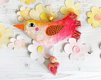 Paper Mache Hanging Bird Ornament, Bird Wall Hanging, Whimsical Paper Mache Bird, Animal Decoration, Paper Sculpture, Recycled Paper Art