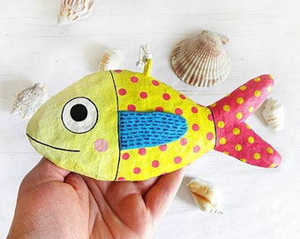 Paper Mache Yellow Polka Dot Fish Ornament, Fish Wall Hanging, Whimsical Paper Mache Fish, Animal Decor, Paper Sculpture, Recycled Paper Art