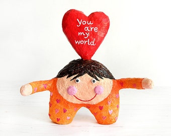 Paper Mache Cute Figurine With Big Red Heart, Valentines Day Gift, You Are My World Sculpture, Happy Art Sculpture, Whimsical Sculpture