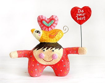 Paper Mache Cute Figurine With Bird and Heart, Happy Figure, Papier Mache Sculpture, Happy Art Sculpture, Whimsical Sculpture, Do Your Best