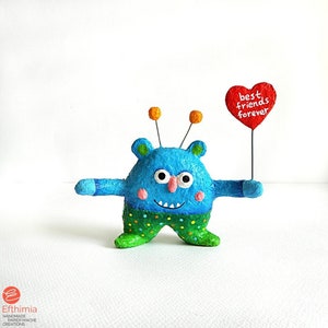 Paper Mache Monster Sculpture: Blue Green Whimsical Art, Friendship Gift
