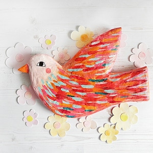 Arte murale a forma di uccello in cartapesta, uccello da appendere alla parete, uccello stravagante in cartapesta, decorazione per la casa a forma di uccello, scultura di uccello in carta, arte in carta riciclata
