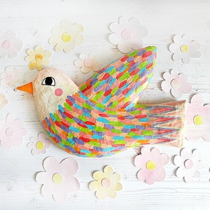Papier-maché kleurrijke vogel muurkunst, vogel muur hangen, grillige papier-maché grote vogel, vogelhuisdecoratie, papier-maché vogelbeeldhouwkunst