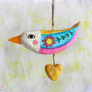 Paper Mache Hanging Bird Ornament, Bird Wall Hanging, Whimsical Paper Mache Bird, Animal Decoration, Paper Sculpture, Recycled Paper Art