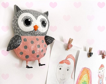 Paper Mache Owl Art Display, Owls Kids Display, Paper Mache Owl, Owl Kids Decor, Owl Wall Art, Girl Art Display, Kids Picture Display