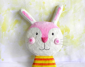 Paper Mache Bunny Head, Papier Mache Animal Sculpture, Bunny Kids Wall Decor, Rabbit Wall Art, Animal Gift, Hand-Sculpted Paper Animal