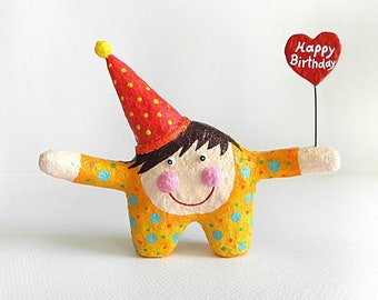 Paper Mache Happy Birthday Cute Figurine, Happy Figure With Party Hat, Happy Birthday Gift, Papier Mache Sculpture, Birthday Gift Idea