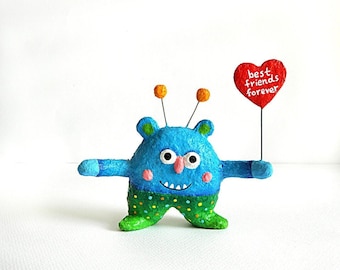 Paper Mache Cute Blue Green Monster, Best Friends Forever, Happy Art Sculpture, Cute Monster Figure, Whimsical Sculpture, Friendship Gift