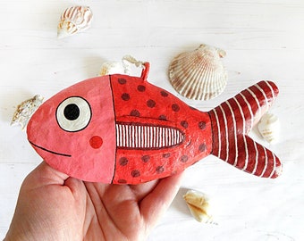 Paper Mache Red Fish Ornament, Fish Wall Hanging, Whimsical Paper Mache Fish, Animal Decoration, Paper Sculpture, Recycled Paper Art